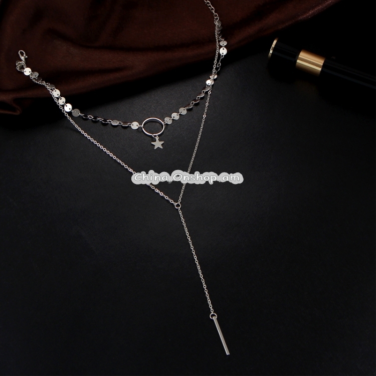 Simple Sexy Handmade Sequins Star Tassels Circle Clavicle Chain Long Pendant Double-layer Chain
