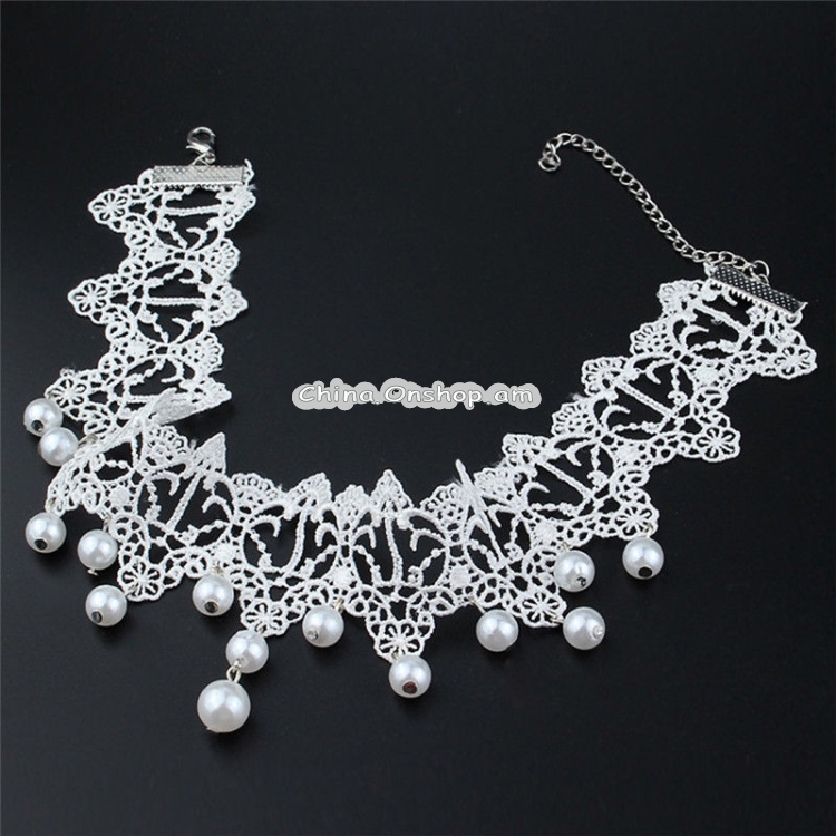 Women Fashion Elegant Vintage Imitation Pearl White Lace Choker Necklaces Bridal Jewelry(White) Lead Time: 1~3 Days