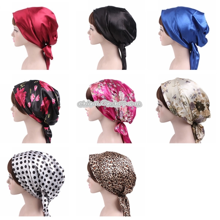 Ladies Satin Print Ribbon Bow Turban Hat Night Cap Silk Chemotherapy Hat Long Tail Braid Hat