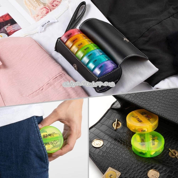 One Week Use Portable Plastic 14-Compartment Pill Box Leather Bag(14x7.5x6.5cm)