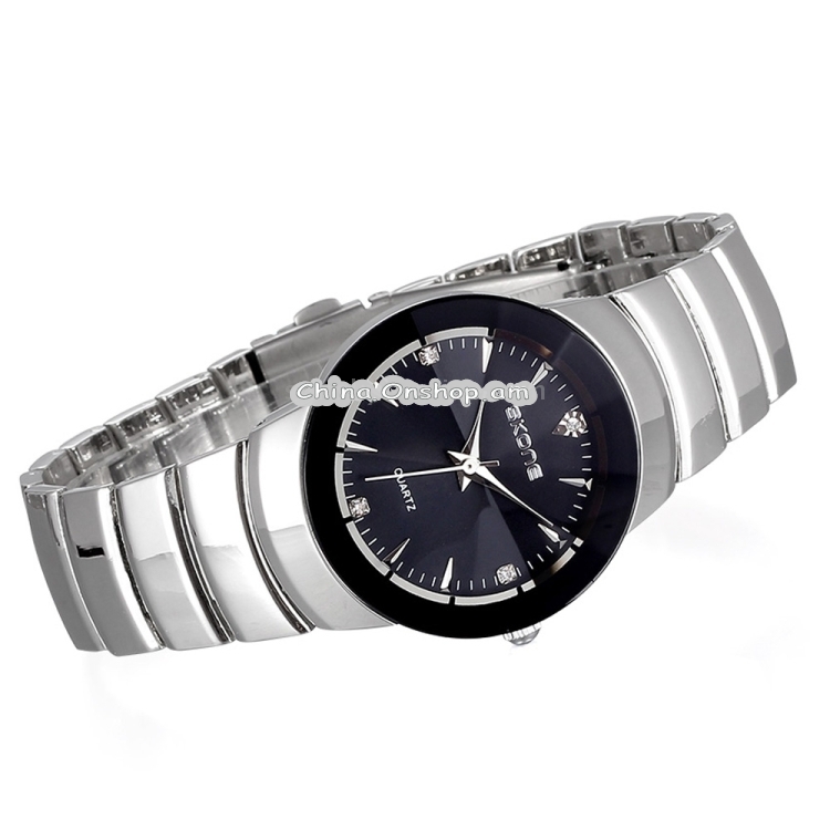 SKONE 5083 Fashion Lovers Men Style Rhinestones Number Dial Quartz Movement Steel Wrist Watch, Silver Black