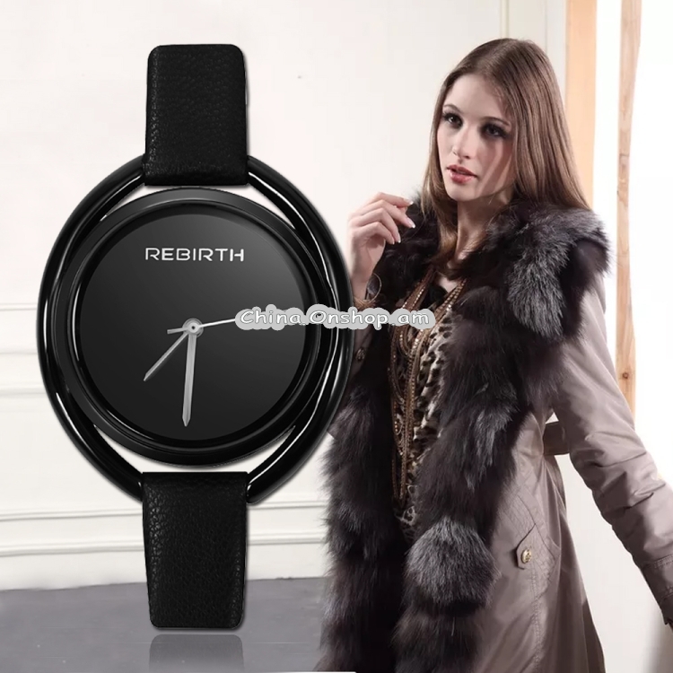 REBIRTH RE028 Women Watch Ultra-simple Double-shell Quartz Waterproof Leather Belt Watch