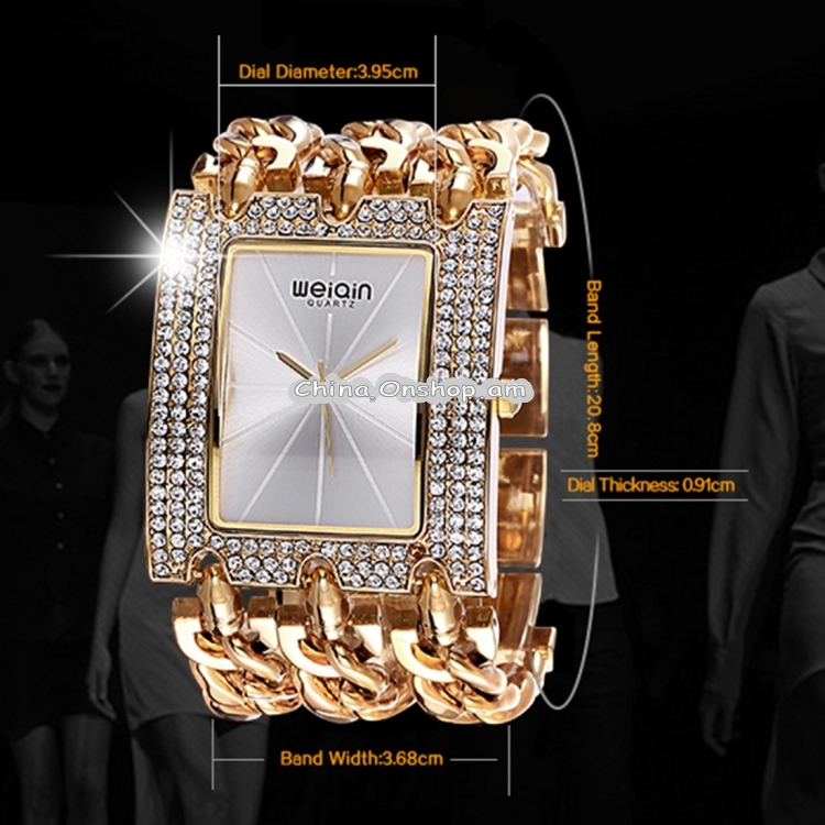 WeiQin Women Fashion Rhinestone Inlaid Square Case Alloy Bracelet Band Analog Quartz Wrist Watch(Rose Gold + Silver)