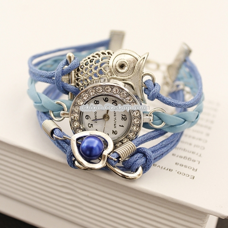 JIANGYUYAN Blue PU Woven Strap Owl GL68 Quartz Movement Bracelet Watch with Lobster Clasp