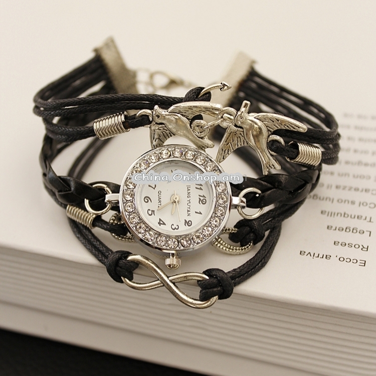 JIANGYUYAN PU Woven Strap Birds GL68 Quartz Movement Bracelet Watch with Lobster Clasp