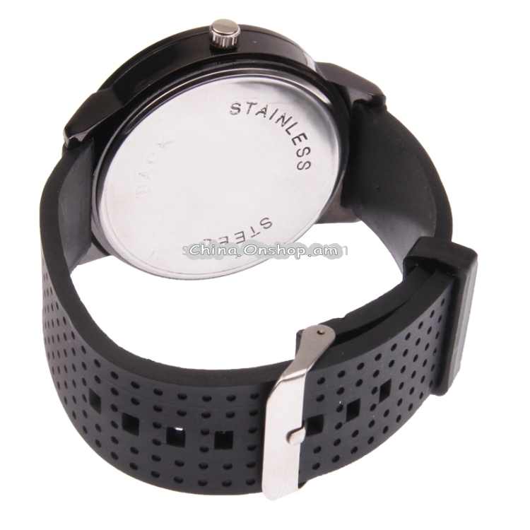 Classic Round Style Quartz Wrist Watch with Silicone Band (Black + Red)