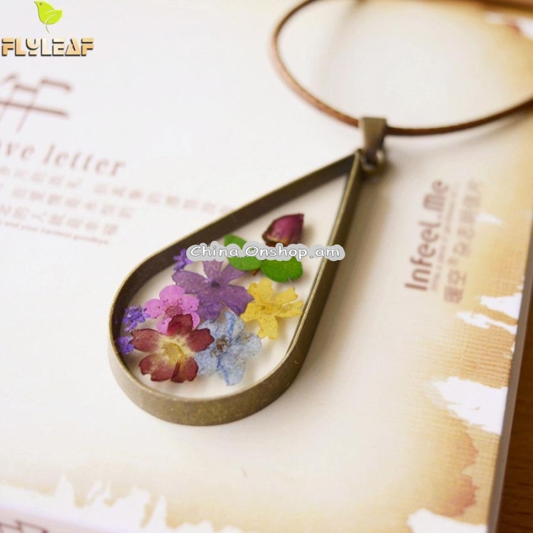 Women Retro Handmade Natural Dried Flowers Long Necklaces Pendants 70cm