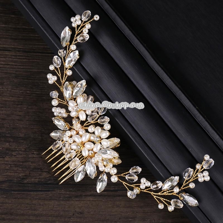 Golden Pearl Headband Tiaras Crystal Rhinestone Bridal Hair Combs Headpiece