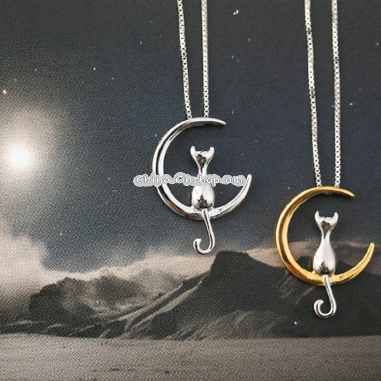 Women Fashion Cat Moon Pendant Necklace