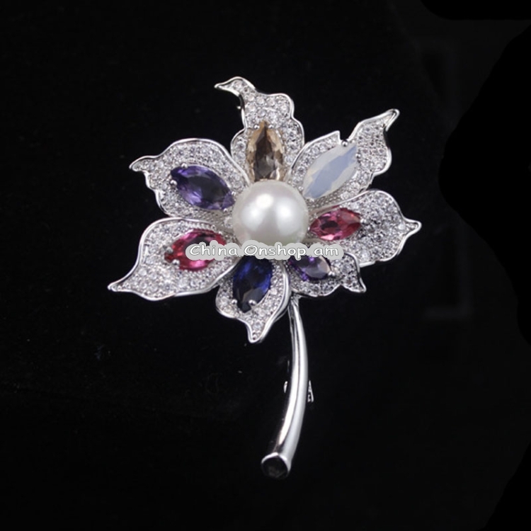 Colorful Gem Leaves Pearl Brooch Simple Fashion Coat Sweater Brooch